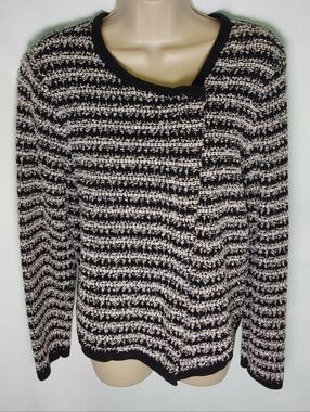 LOFT Black and White Striped Front-Zip Sweater